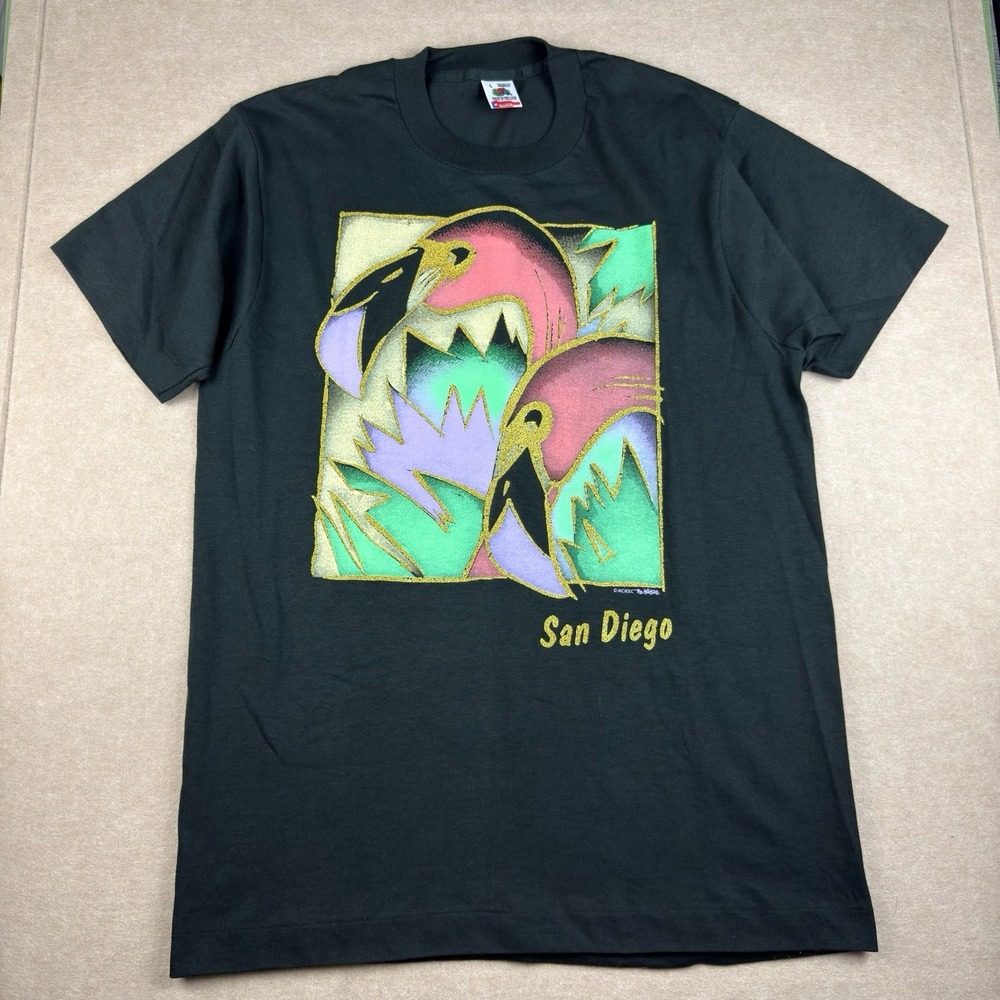 Vintage 1990 San Diego T-Shirt Mens L Black Flamingos Graphic Single Stitch USA